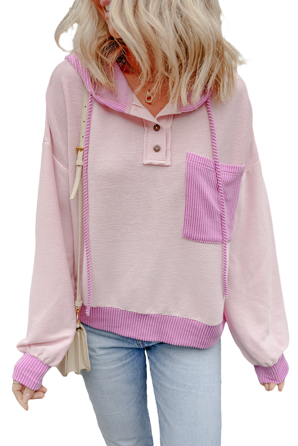 Corded Colorblock Patch Pocket Drawstring Hooded Top