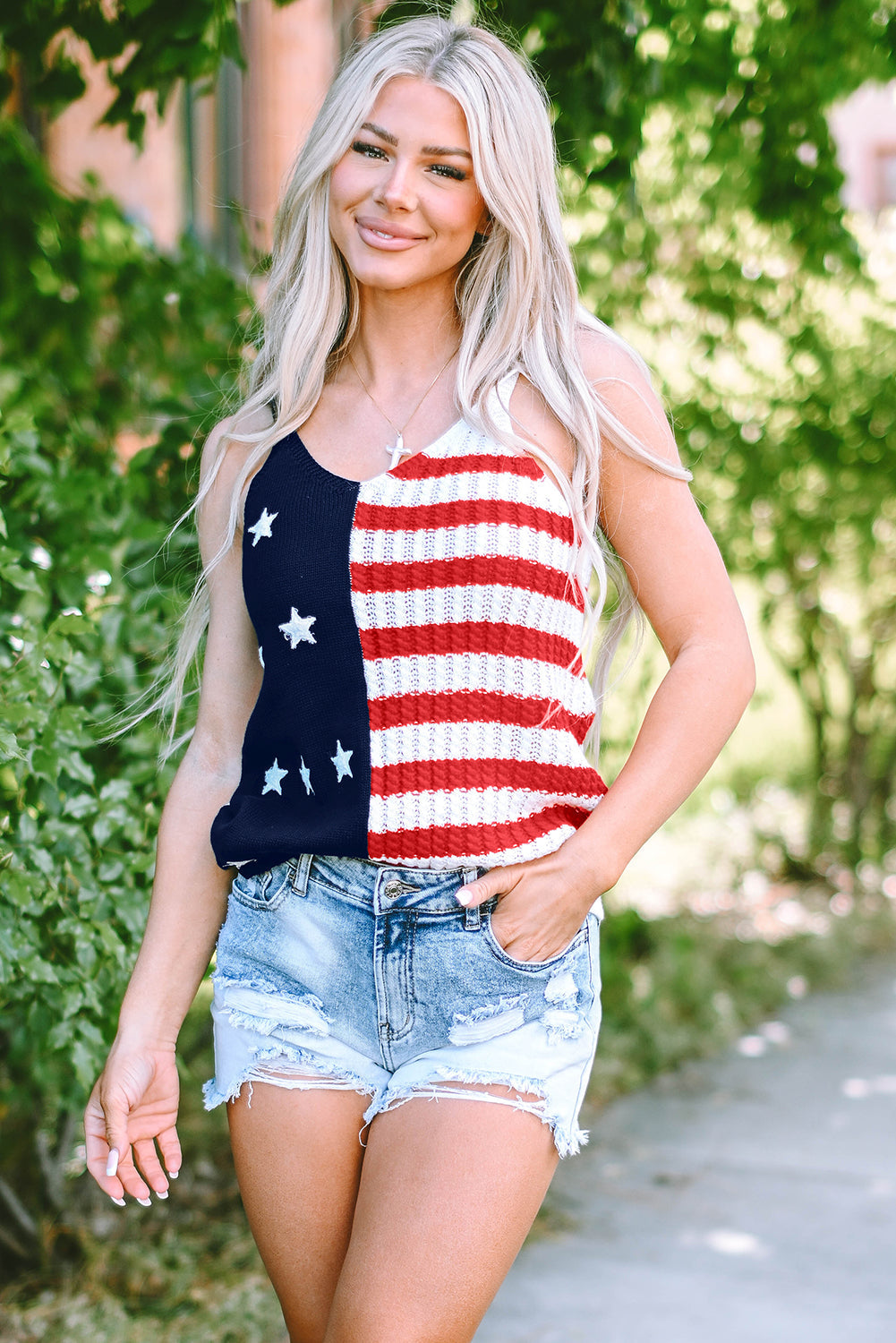 Women's Tank with Stars Stripes Flag Pattern Knitted