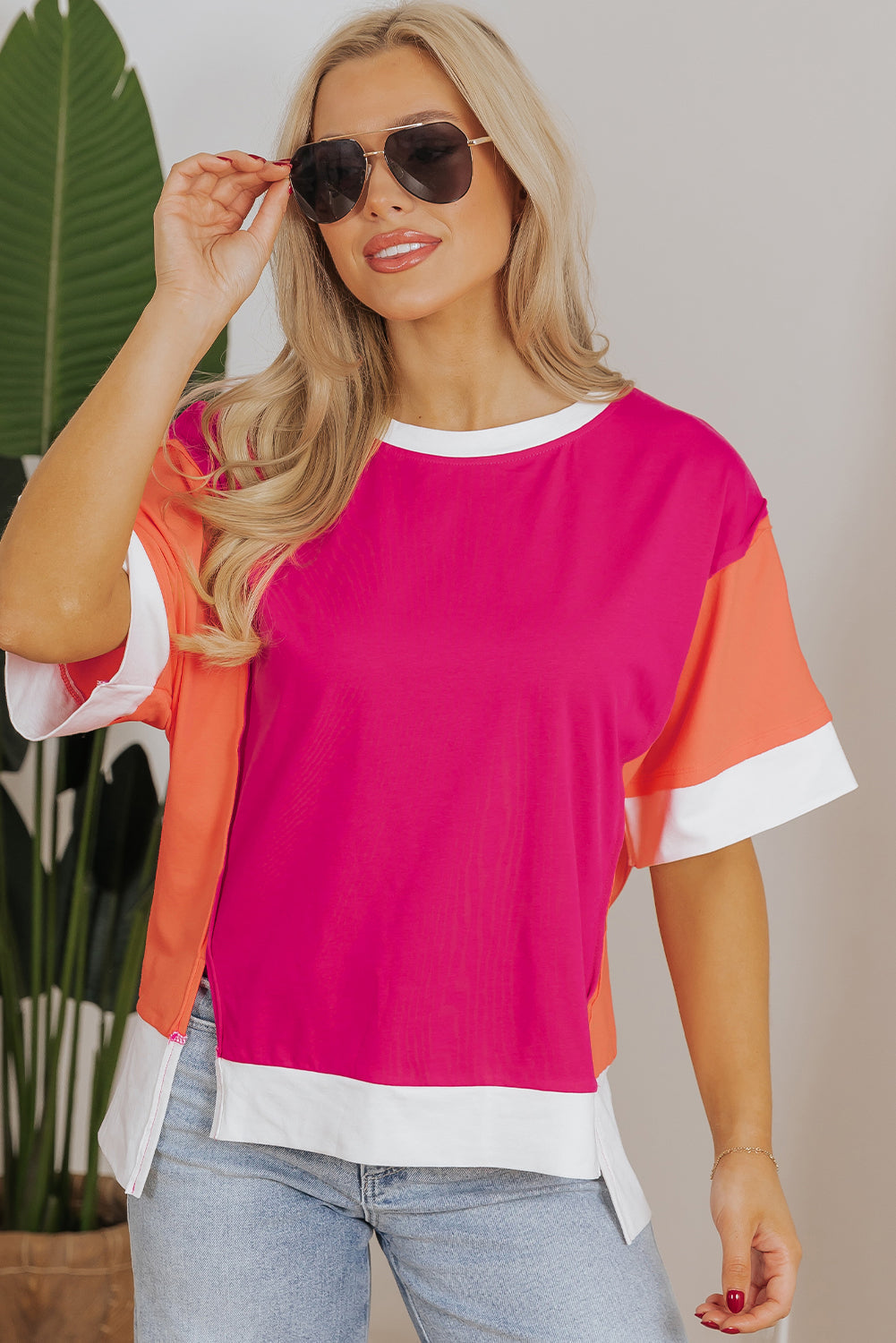Rose Red Color Block Loose Fit T Shirt