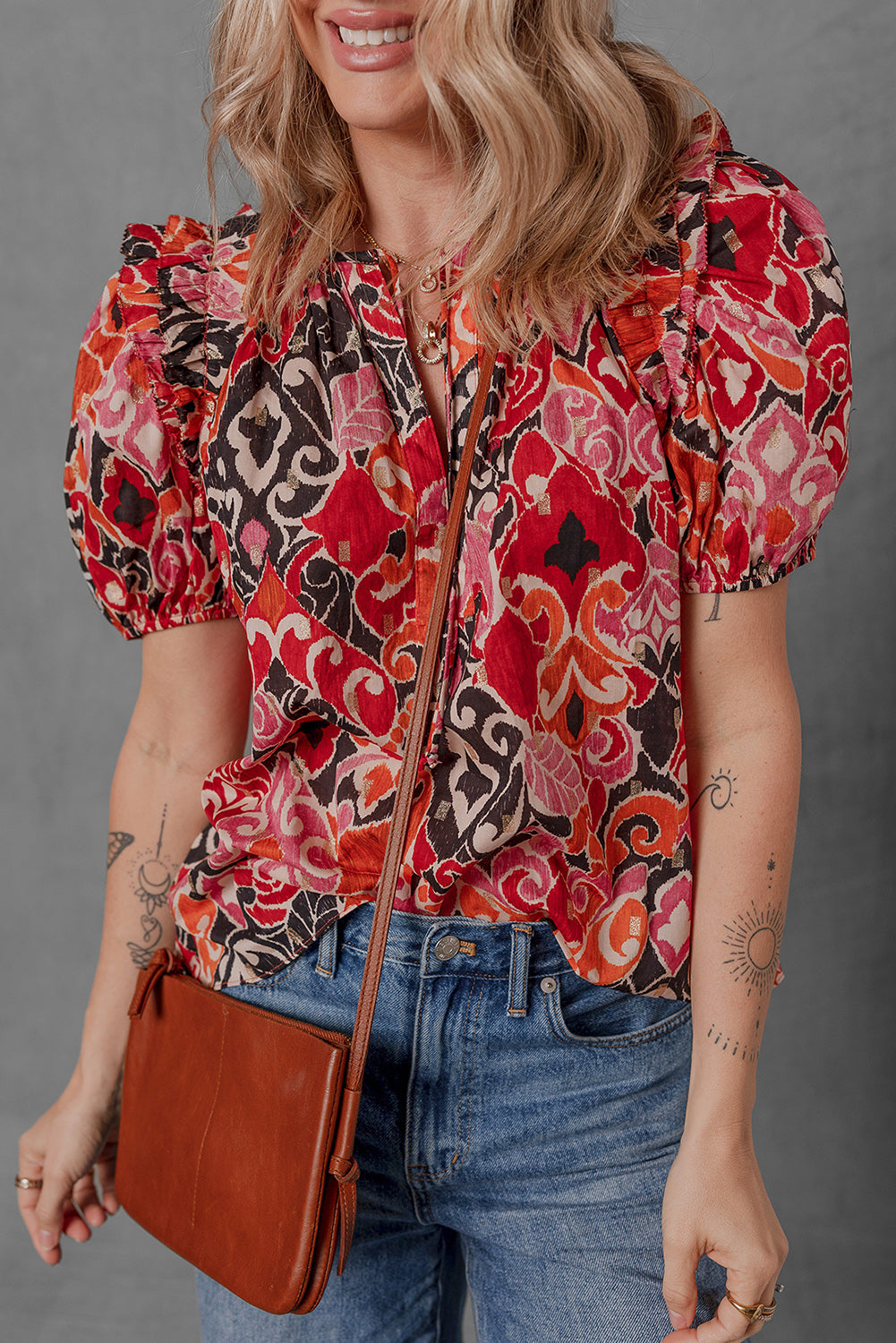 Split Ethnic Print Neck Short Puff Sleeve Blouse
