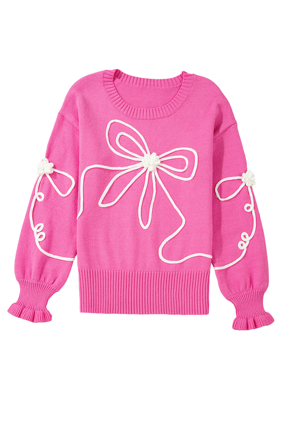 Cute Pink Corded Flower Bow Ribbed Trim Sweater