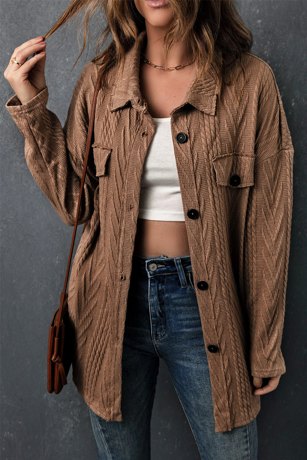Shacket for Women Oversize Textured Knitted Button