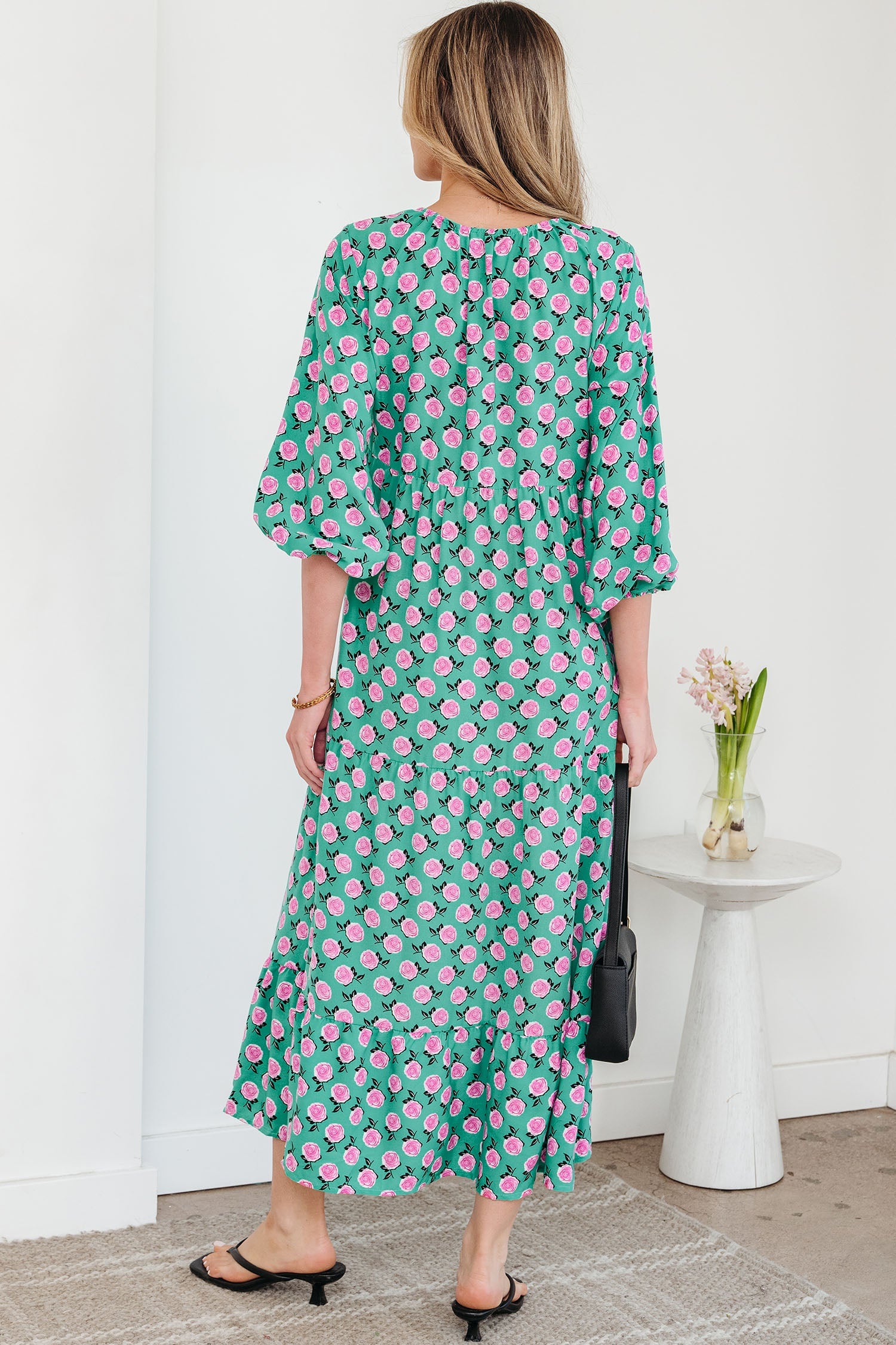 Boho Printed Half Sleeve Maxi Dress in Green