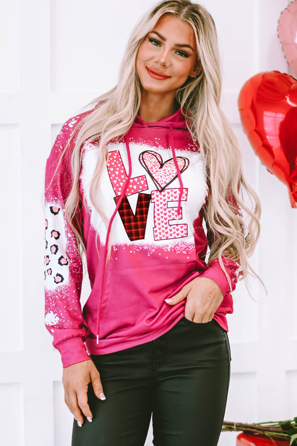 Women's Hoodie Featuring LOVE Leopard-Print Bleached Pocket