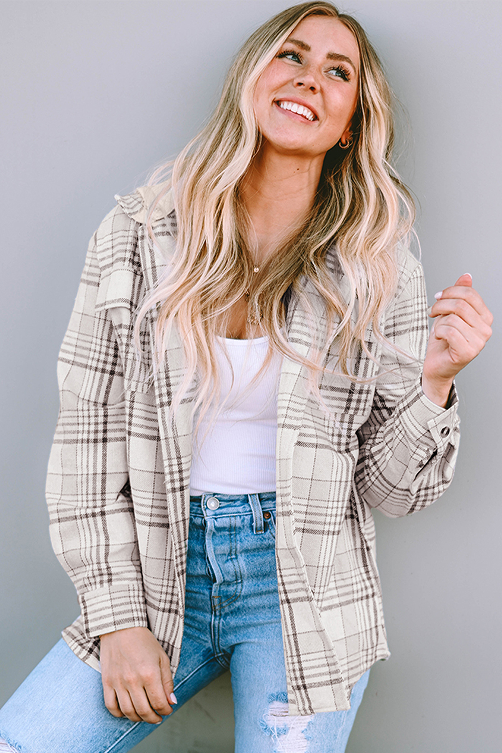 Women's Shacket Featuring Button-Front Plaid Hood