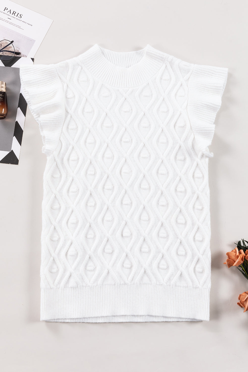 Women's Vest Featuring Textured Ruffle-Trimmed Mock Neck Knitted