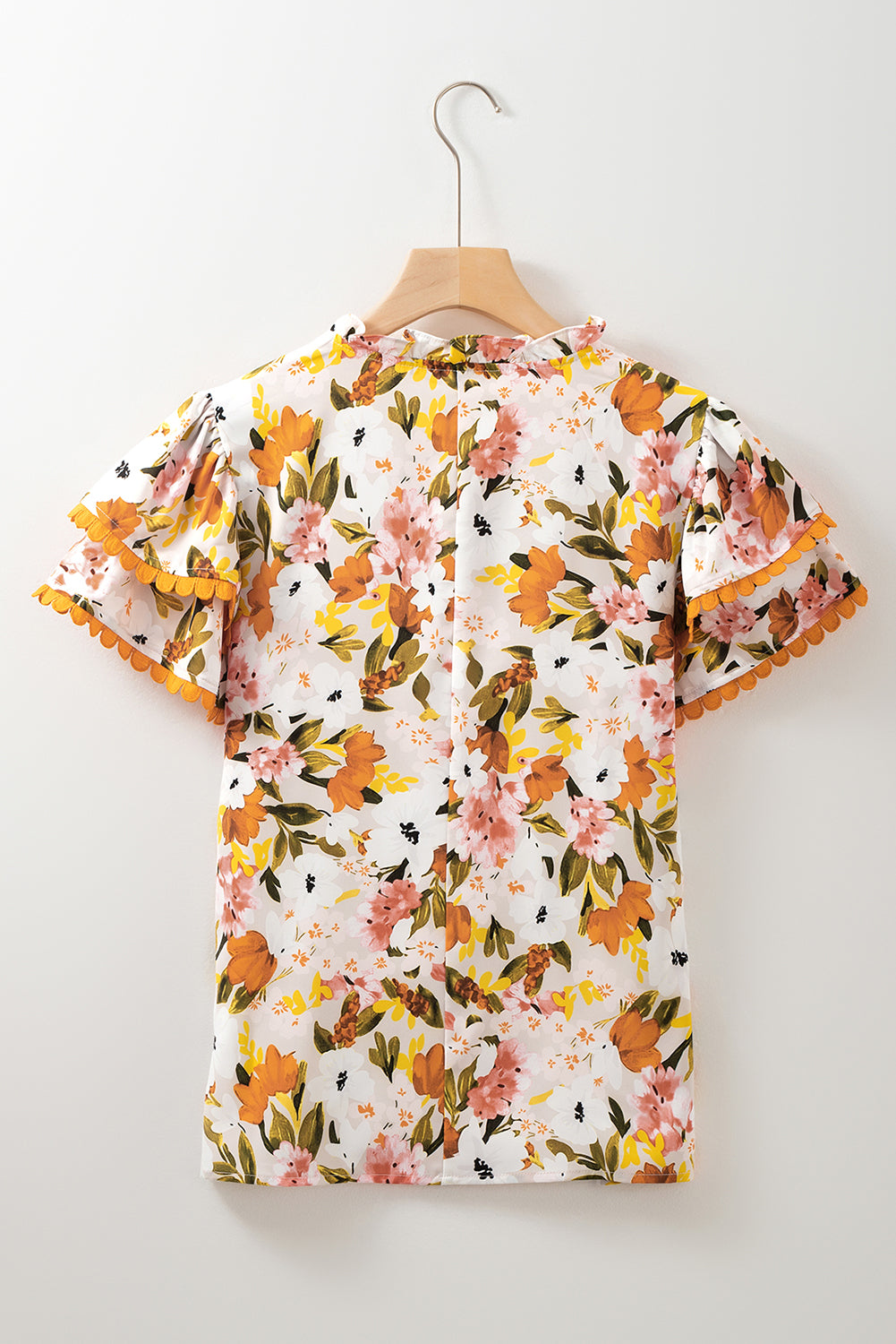 V-Neck Scalloped Ruffled Scalloped Short-Sleeved Floral Blouse