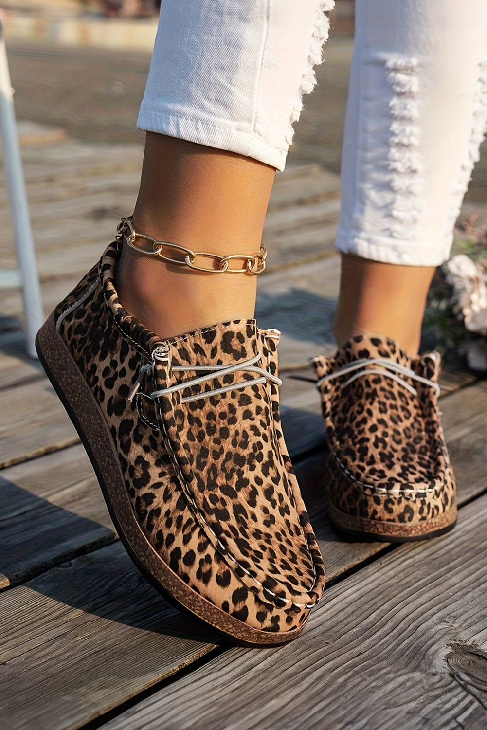 Leopard Lace-up Faux Suede Decor Slip On Shoes