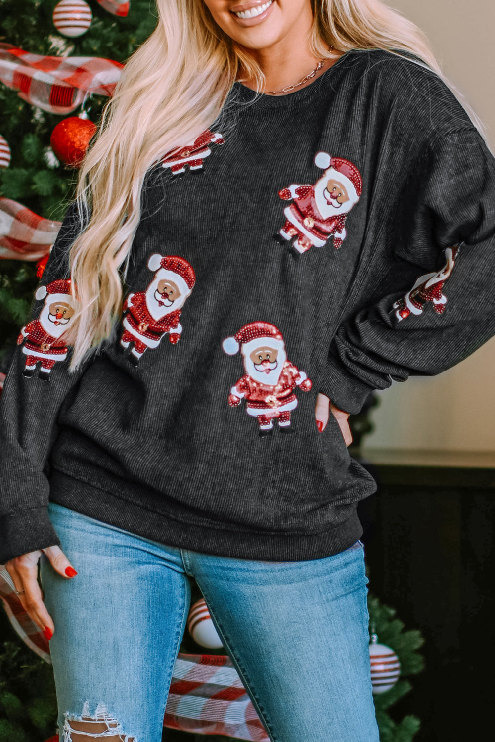 Women's Graphic Sweatshirt with Sequined Santa Claus