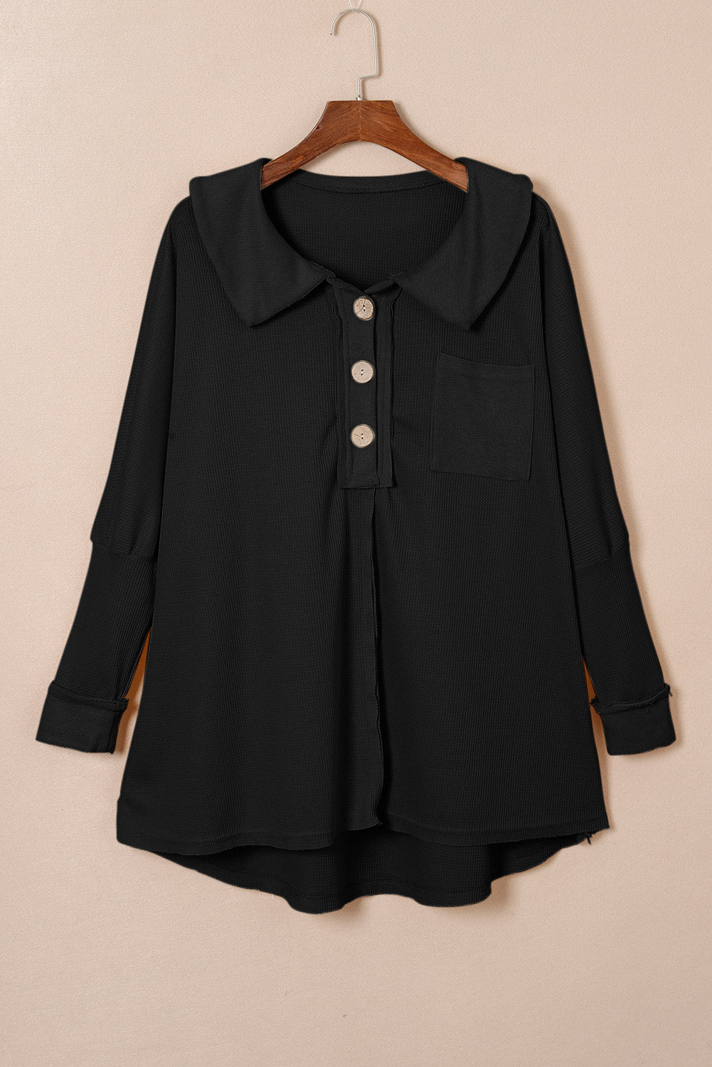 Women's Top Featuring Waffle Knitted Button-Front Long-Sleeve