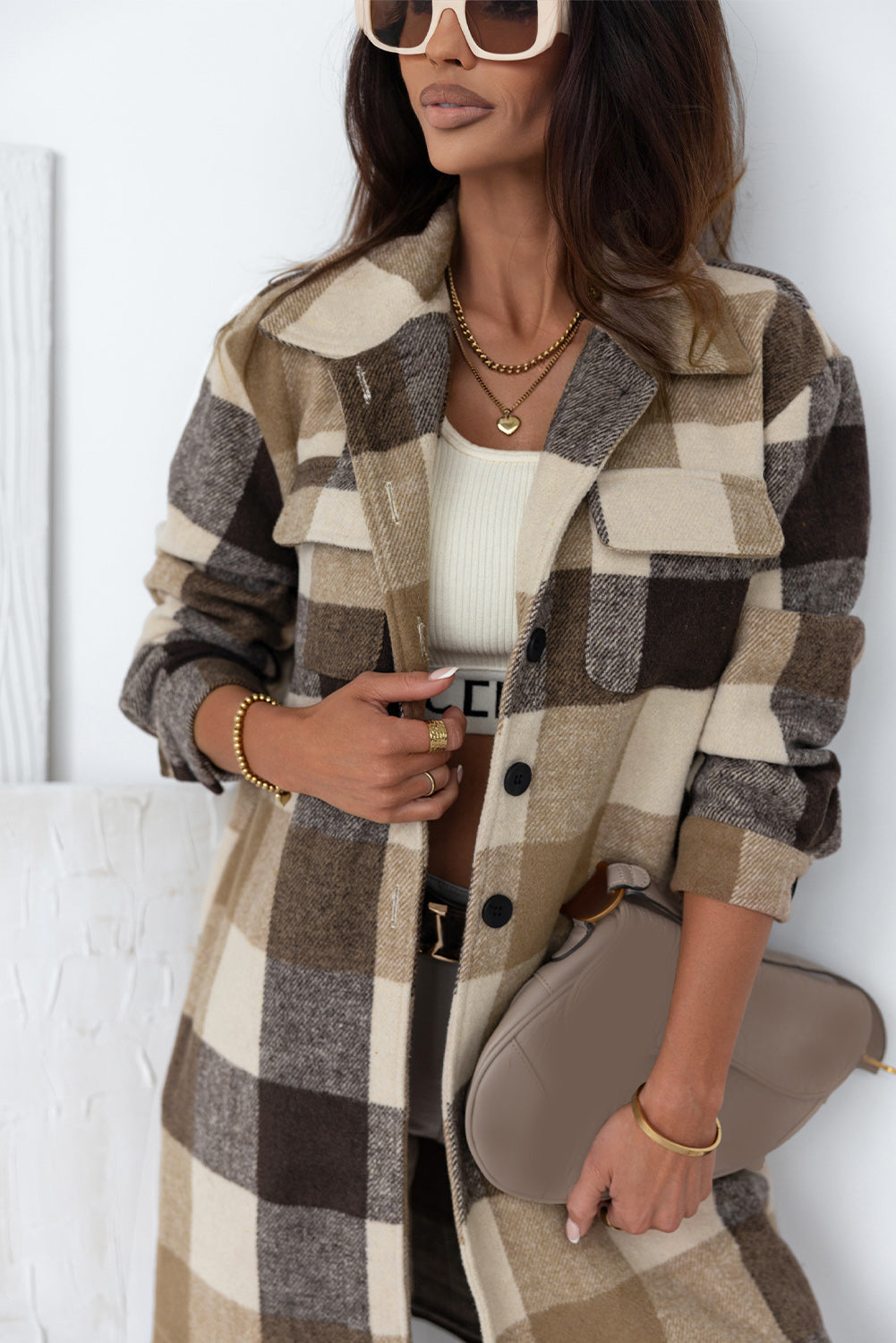 Shacket for Women Pocket Long Plaid Flap