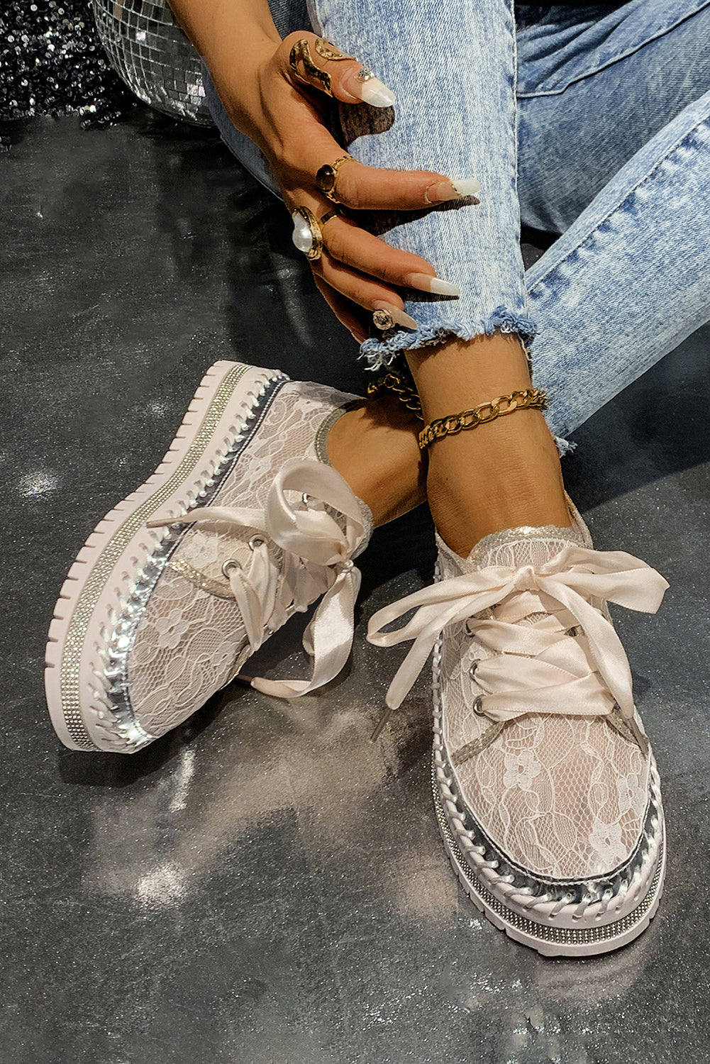 Ribbon Tie Stitch Detail Lace Flat Shoes