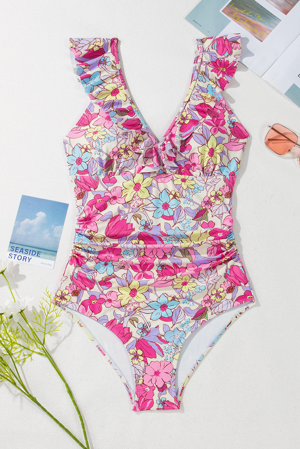 Floral Ruffle Trim V Neck Lace-up Back Tummy Control One Piece Swimsuit