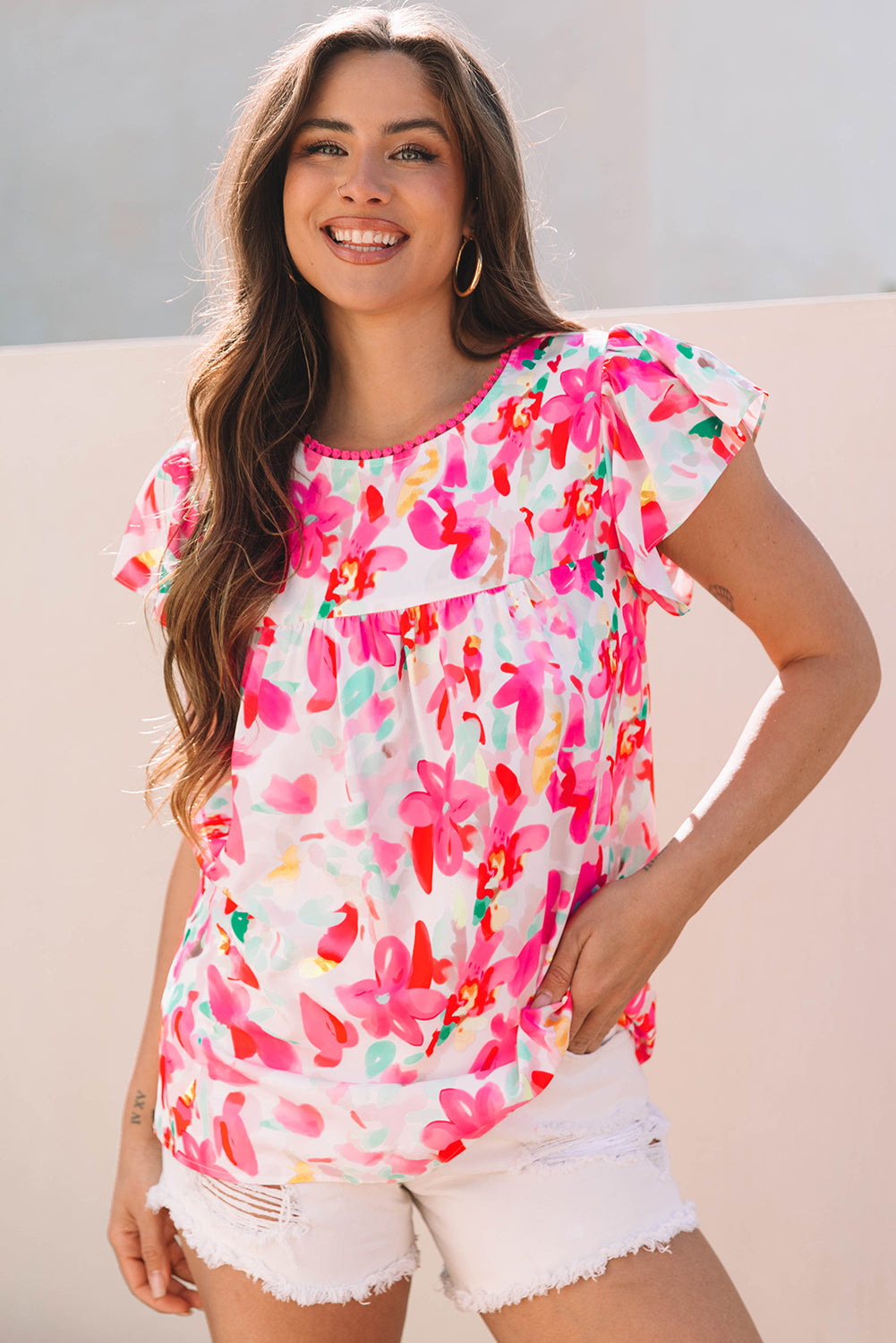 Floral Print Flutter Sleeve Casual Blouse