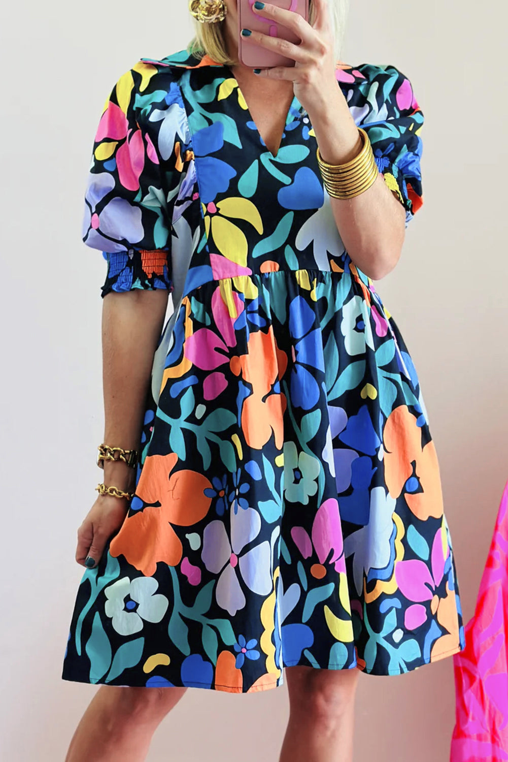 Women's Dresses with Flared Collared Split Neck Floral-Print