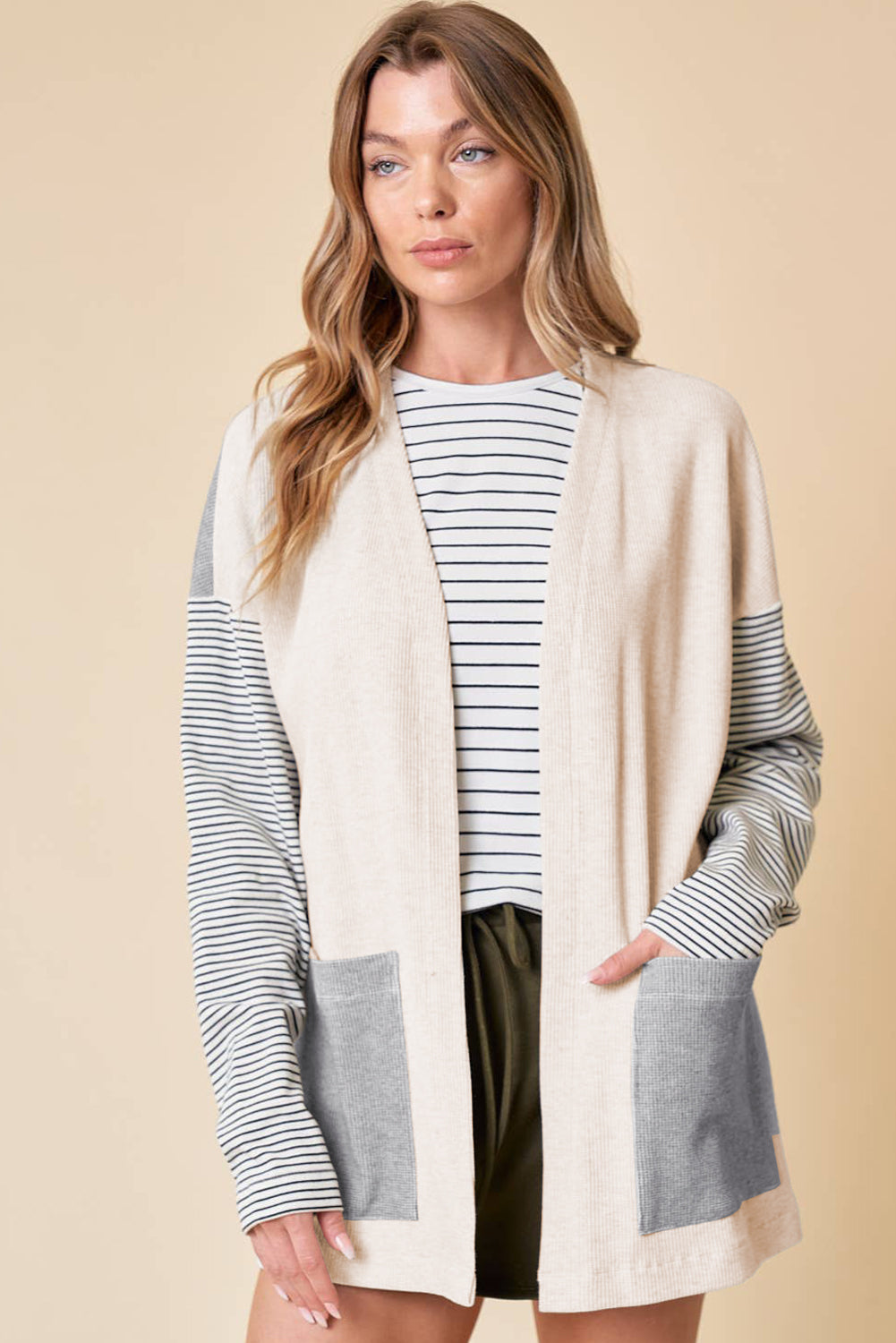Patchwork Stripe Colorblock Open-Front Cardigan Featuring a Pocket in Black