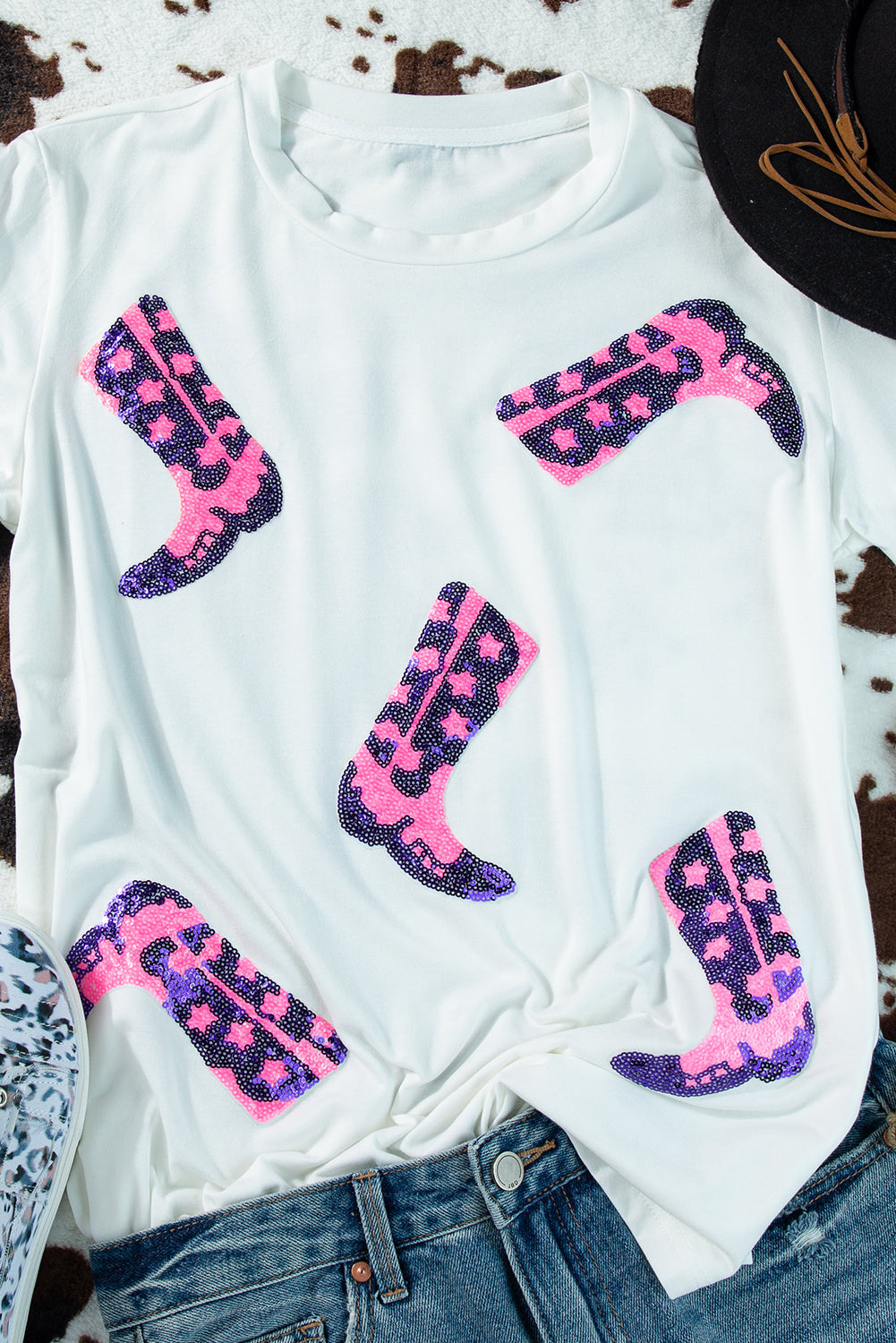 Women's T Shirt Featuring Neck Sequin Western Boots Round