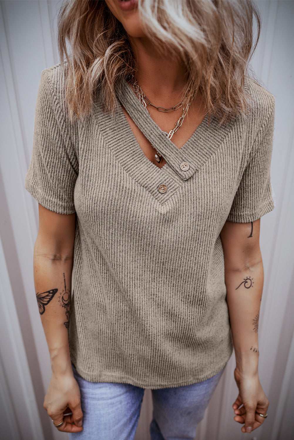 Women's Tee Featuring Rib-Knitted Strappy V Neck