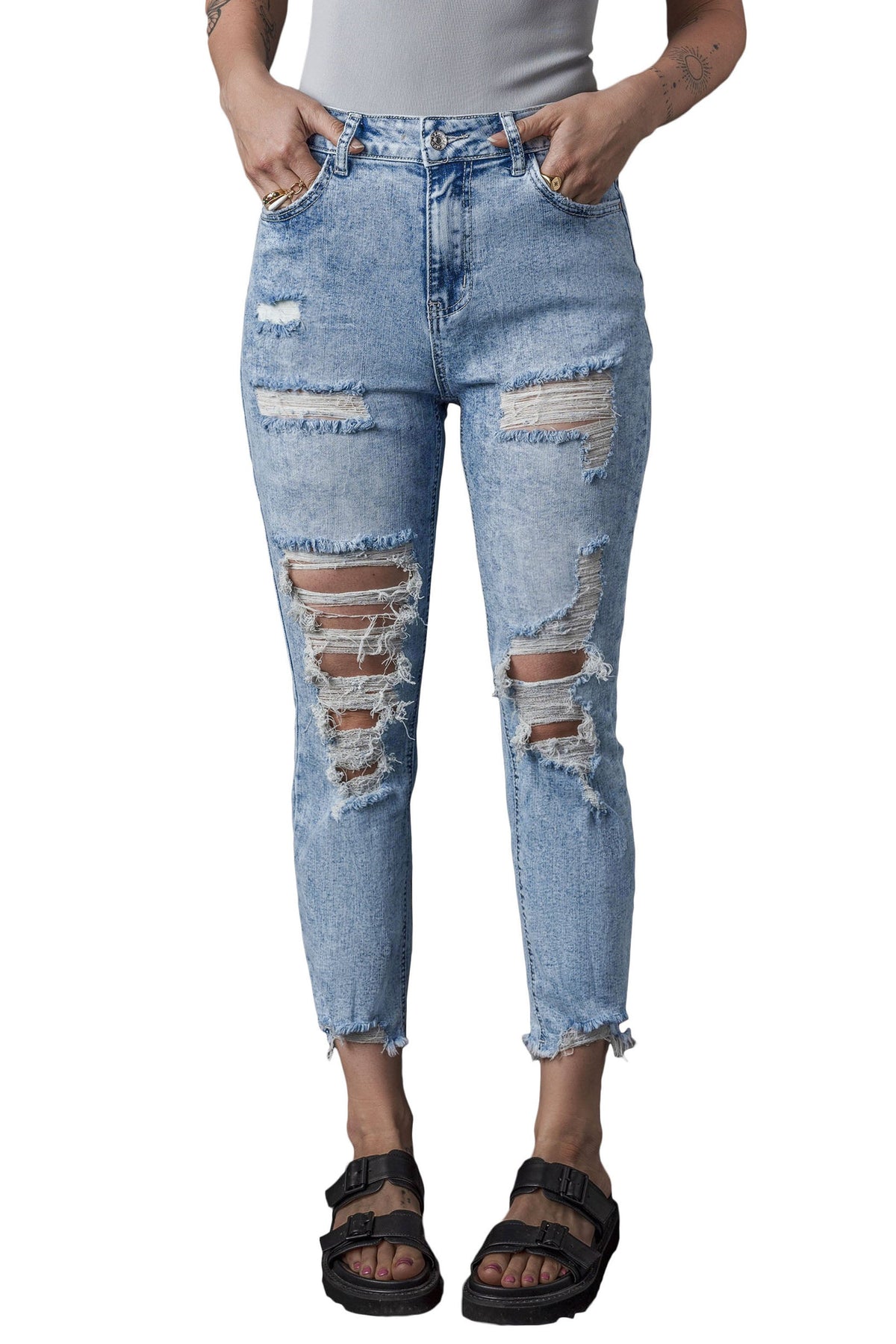 Women's Jeans with Distressed Slim Fit Acid Wash