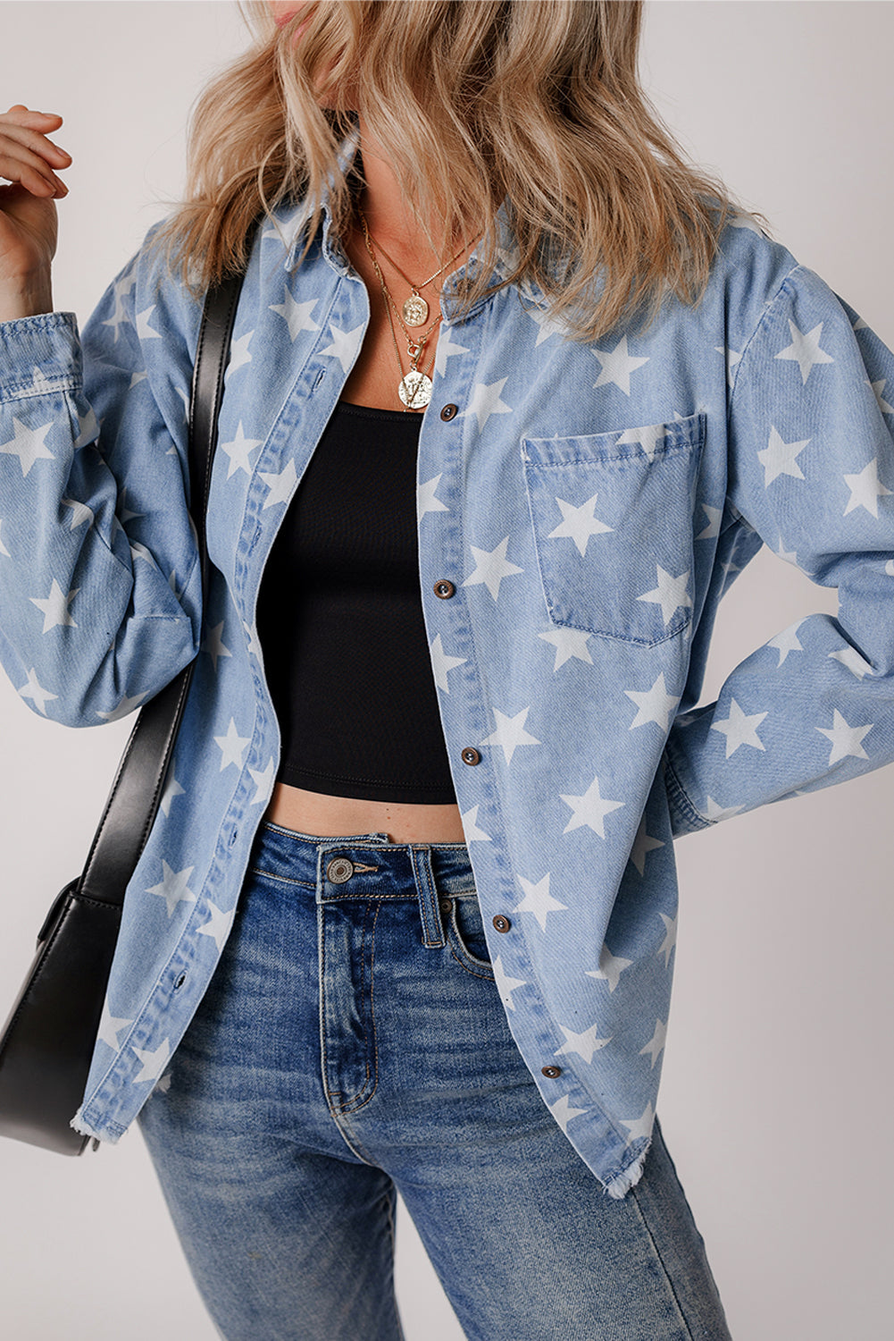 Star Pattern Light Wash Raw Hem Denim Jacket
