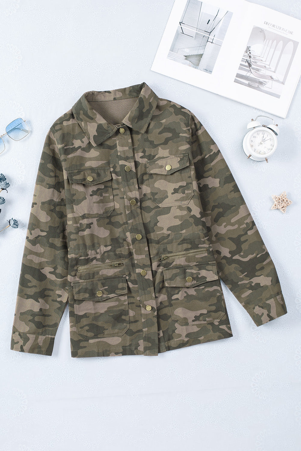 Women's Camouflage-Print Green Multi Pockets Button-Front Jacket