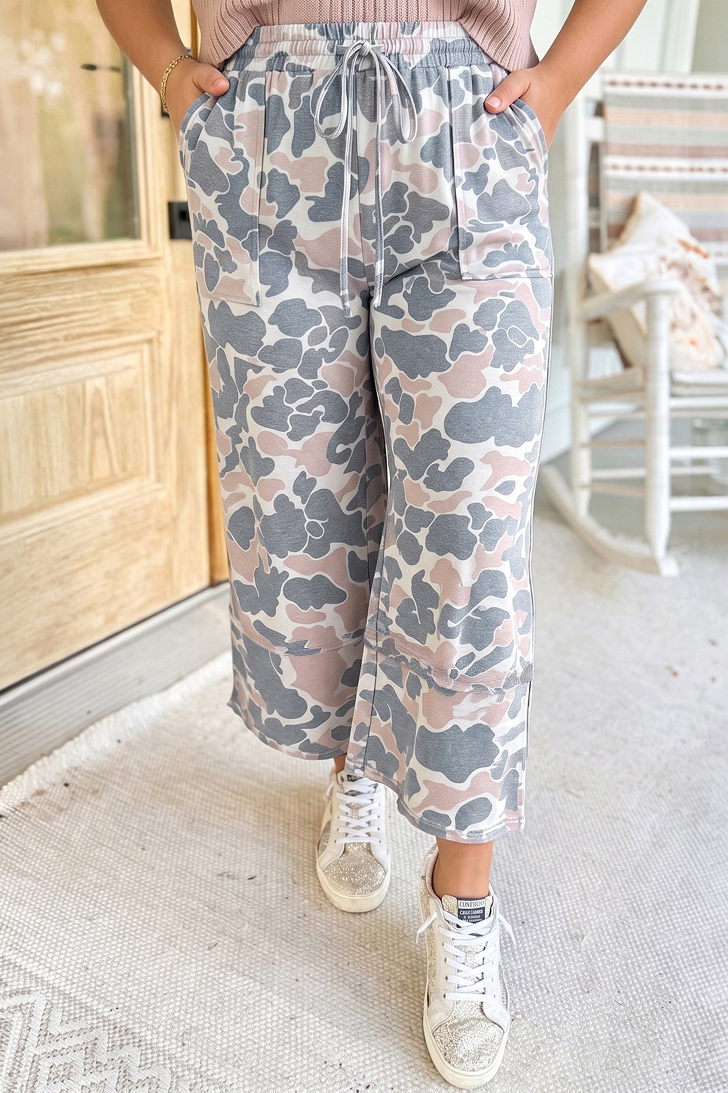 Ankle-Length Camouflage Print Plus Size Pants in Khaki