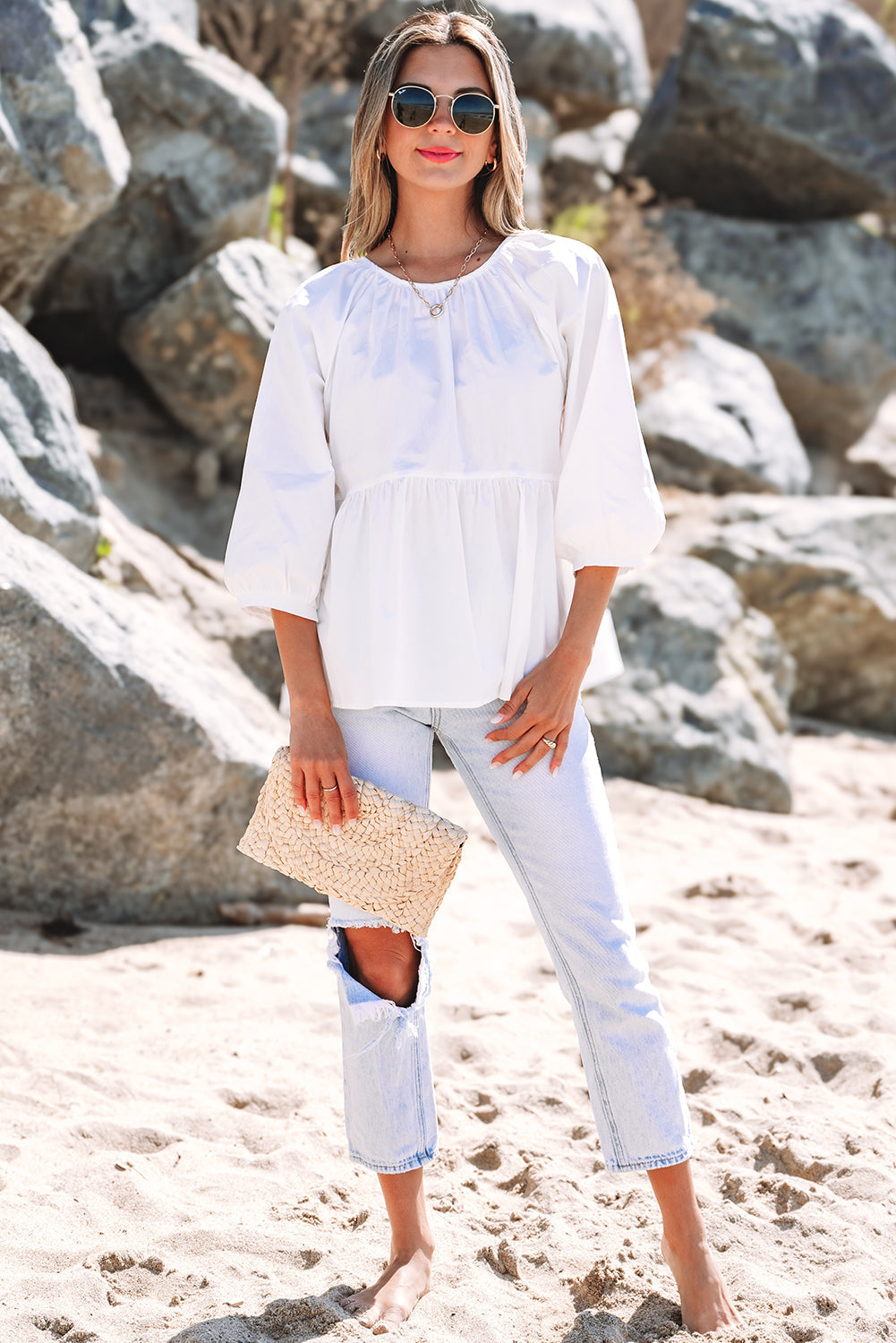 White Bow Knot Cutout Back Loose Fit Blouse