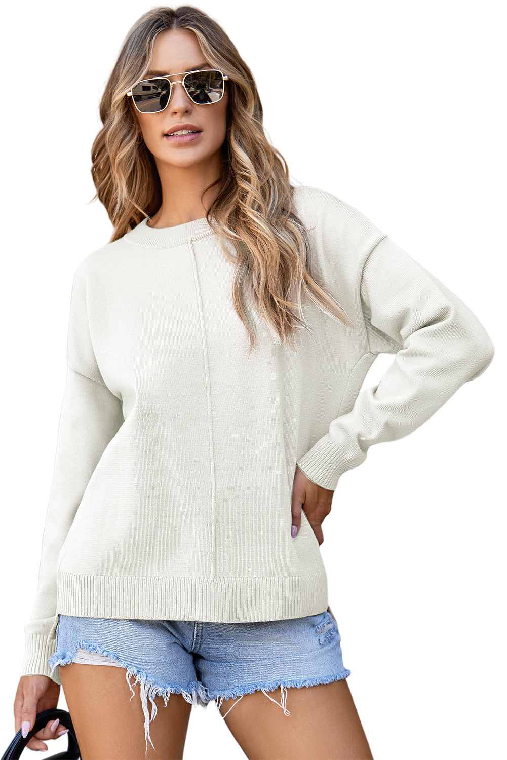Center Seam Front Seam Drop-Shoulder Pullover Solid Knit Top