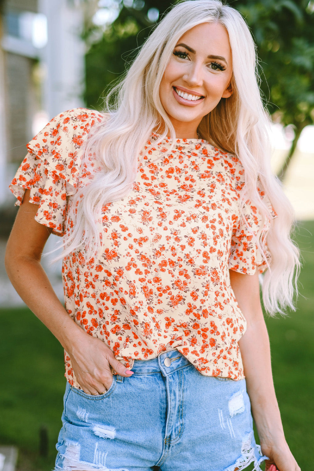 Blouse for Women Layered Flutter Sleeve Floral-Print
