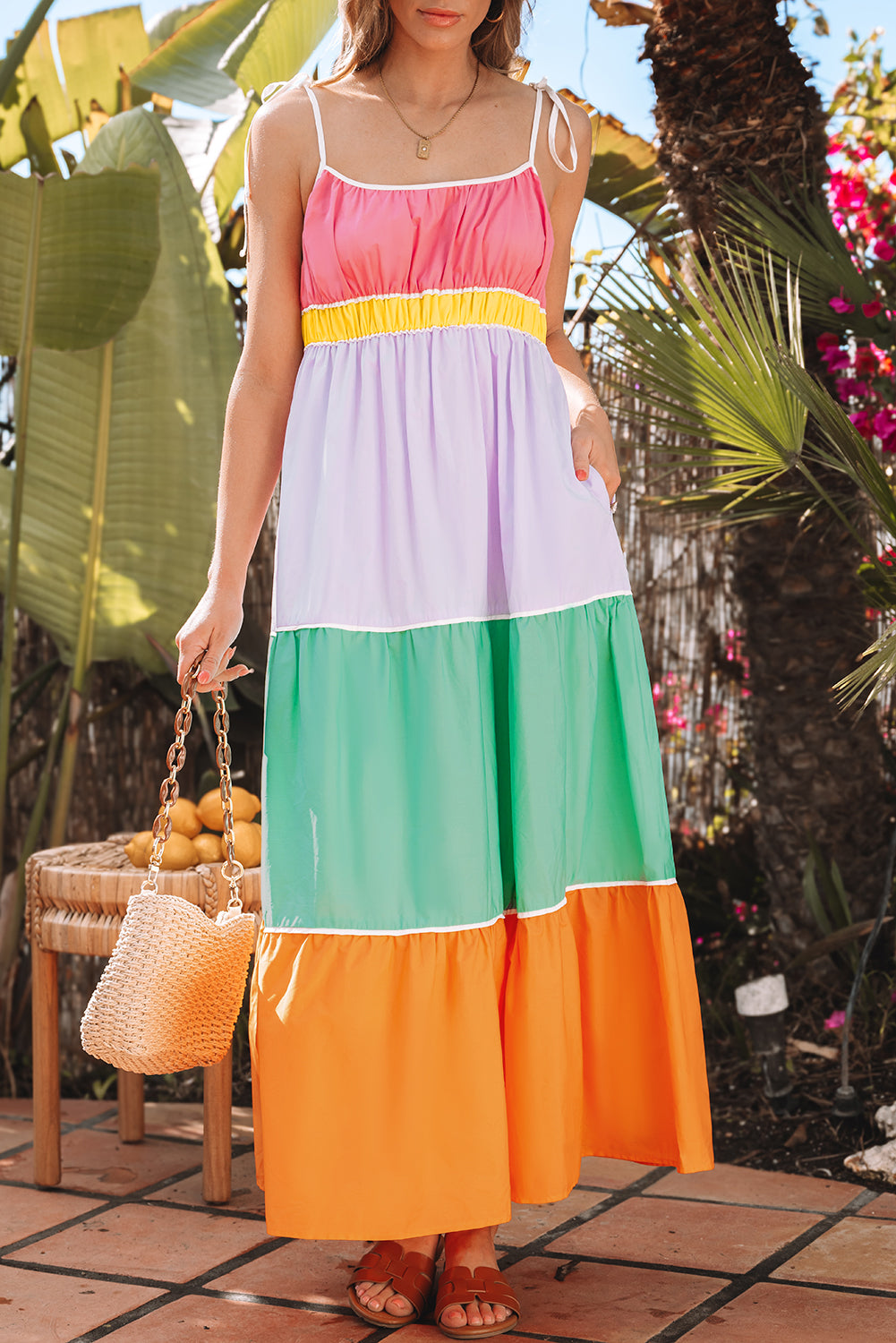 Colorblock Self-tie Straps High Waist Flowy Maxi Dress
