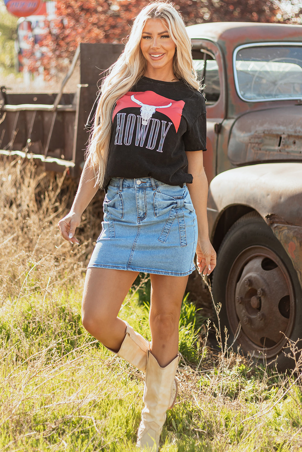 Dusk Wash Blue Acid Bowknot Details High-Waisted Denim Skirt