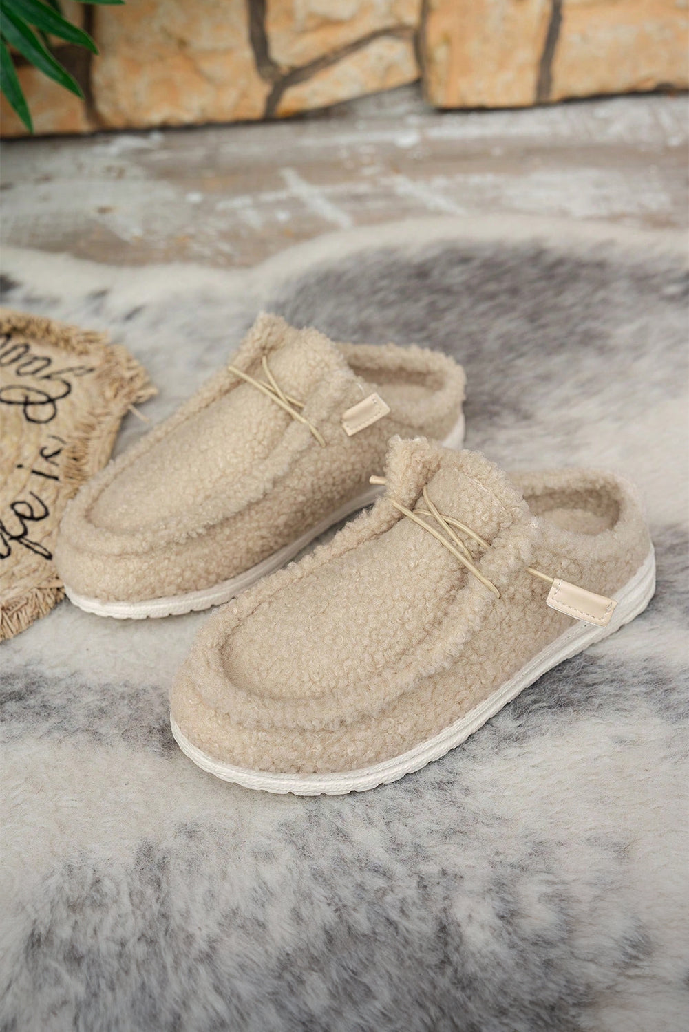 Up Detail Lace Detail Slip On Sherpa Shoes