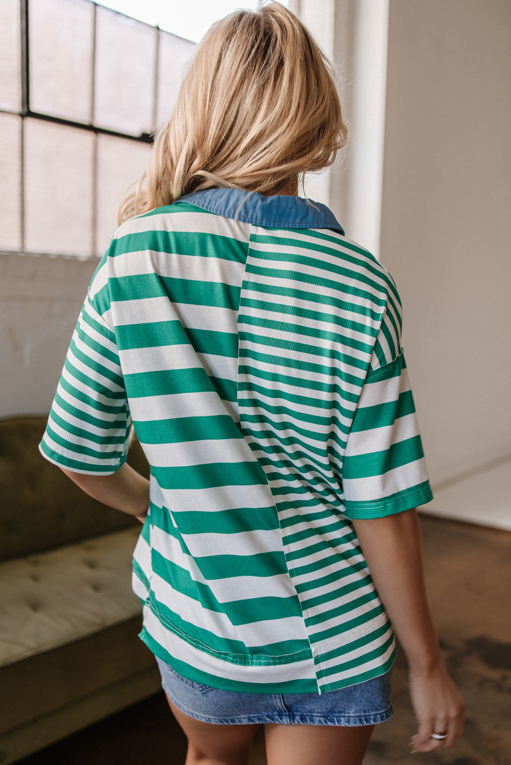 Green Stripe Collar Half Buttons T Shirt