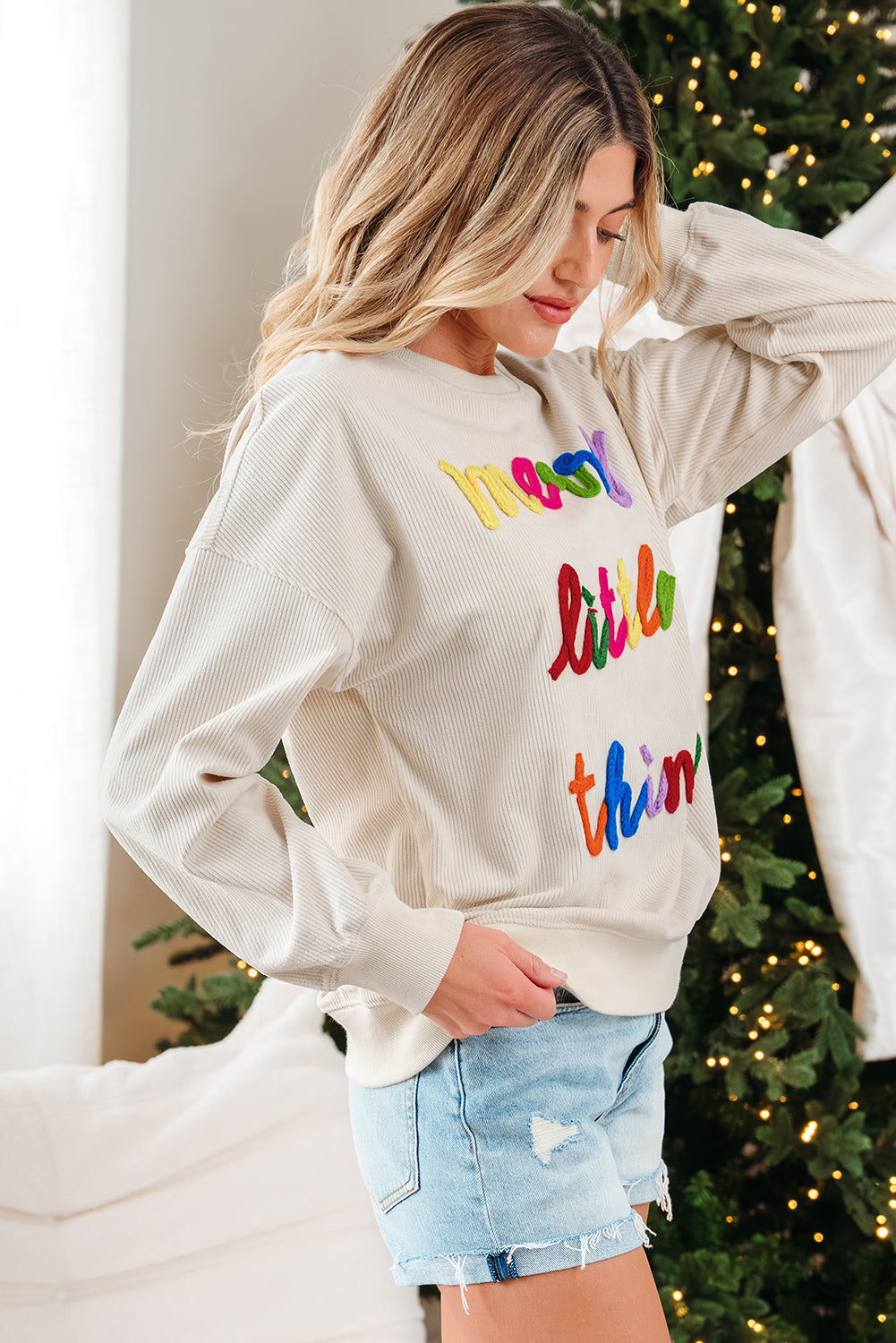 little thing merry thing Corded Letter Graphic Rib-Knit Loose Sweatshirt