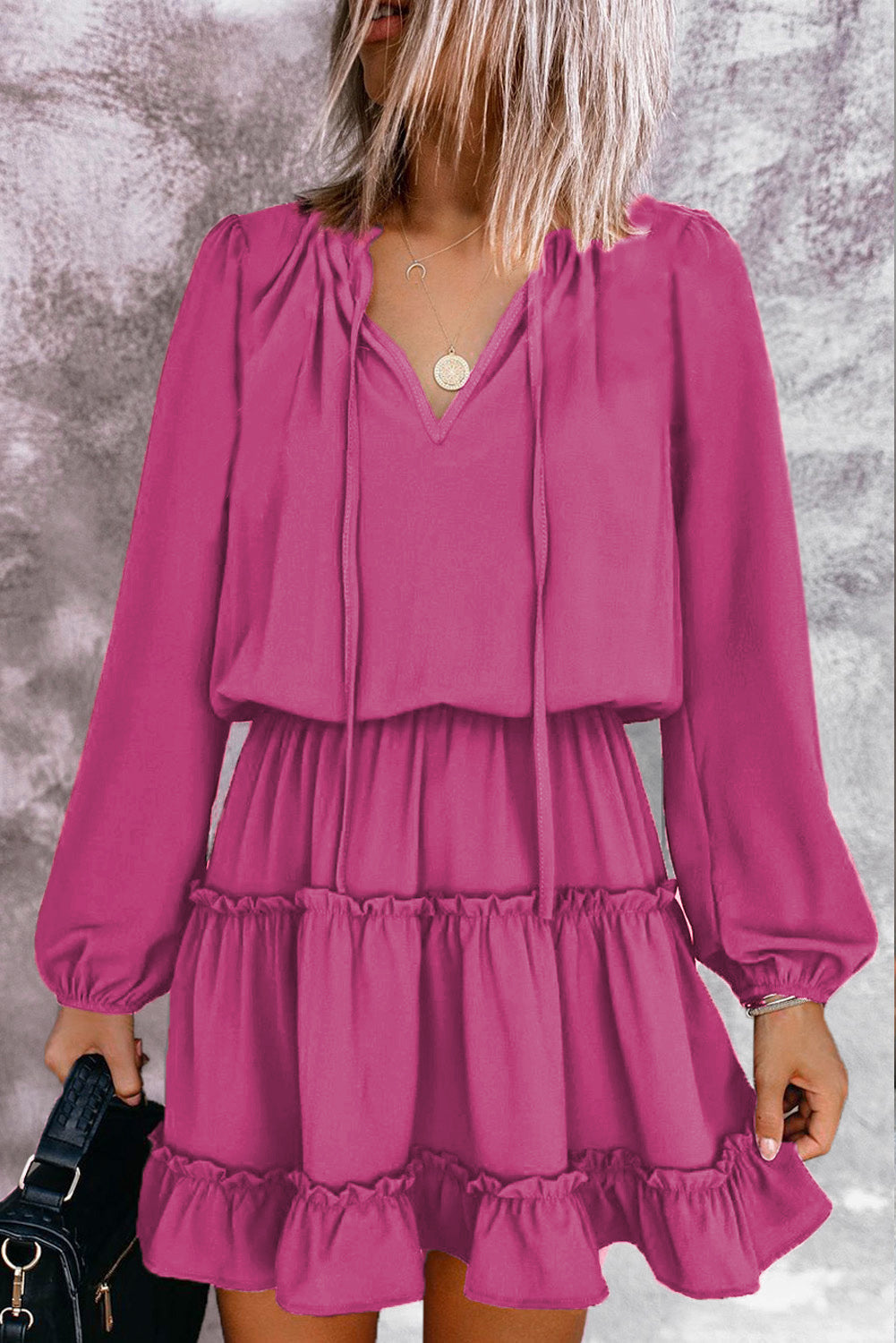 Mini Dress for Women Ruffle-Trimmed Layered V Neck