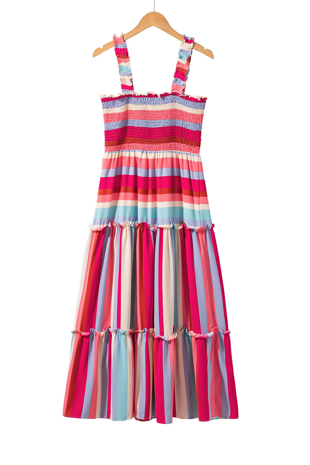 Women's Dress Featuring Ruffle-Trimmed Straps Shirred Layered
