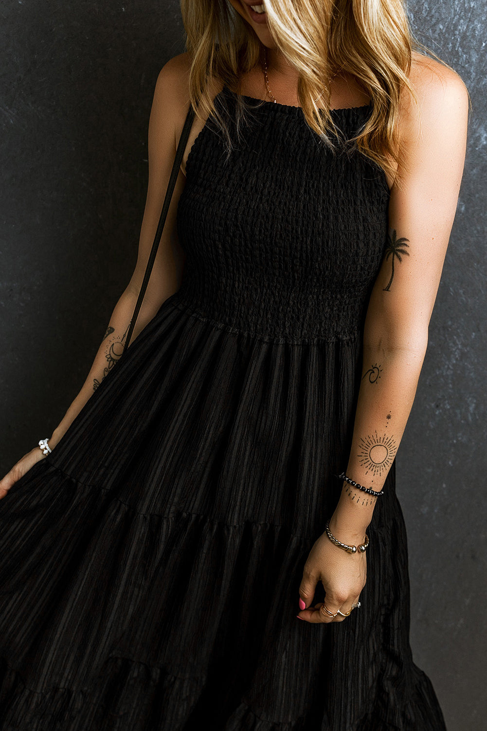 Maxi Dress for Women Layered Spaghetti Straps Pleat-Detail
