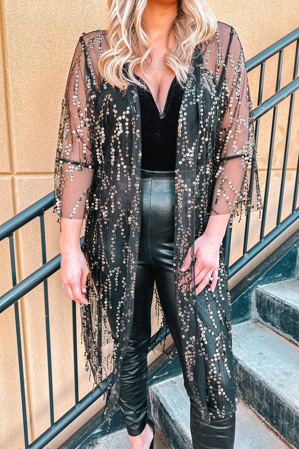 Women's Kimono with Open Front Sequin Semi-Sheer Long-Sleeve