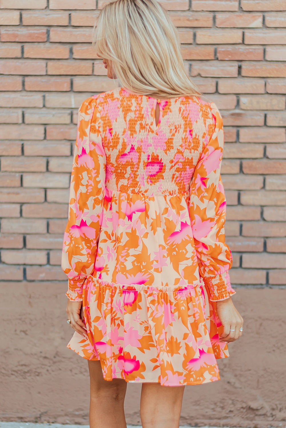 Women's Ruffle-Trimmed Shirred Lantern Sleeve Mini Dress