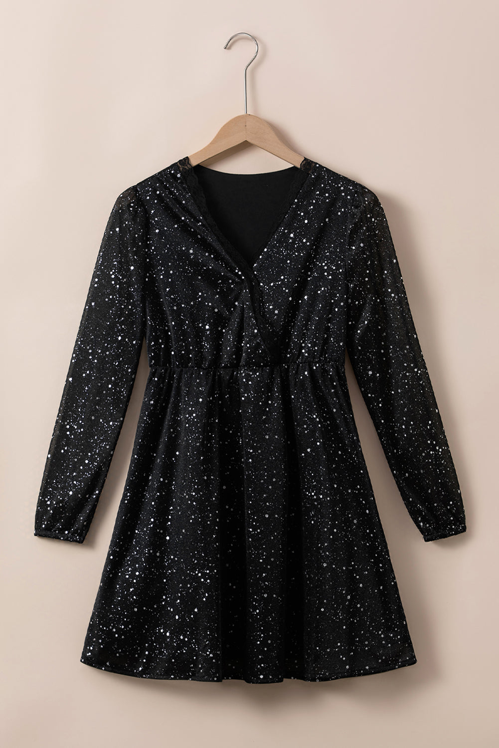 Glitter Mesh Overlay V Neck Long Sleeve Dress