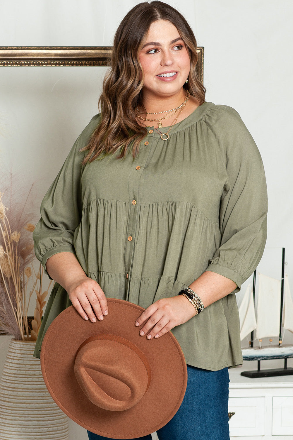 Women's Shirt Featuring Ruffle-Trimmed Layered Plus Size