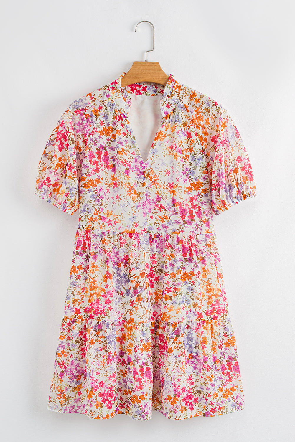 Floral Puff Sleeve Notched V Neck Tiered Mini Dress