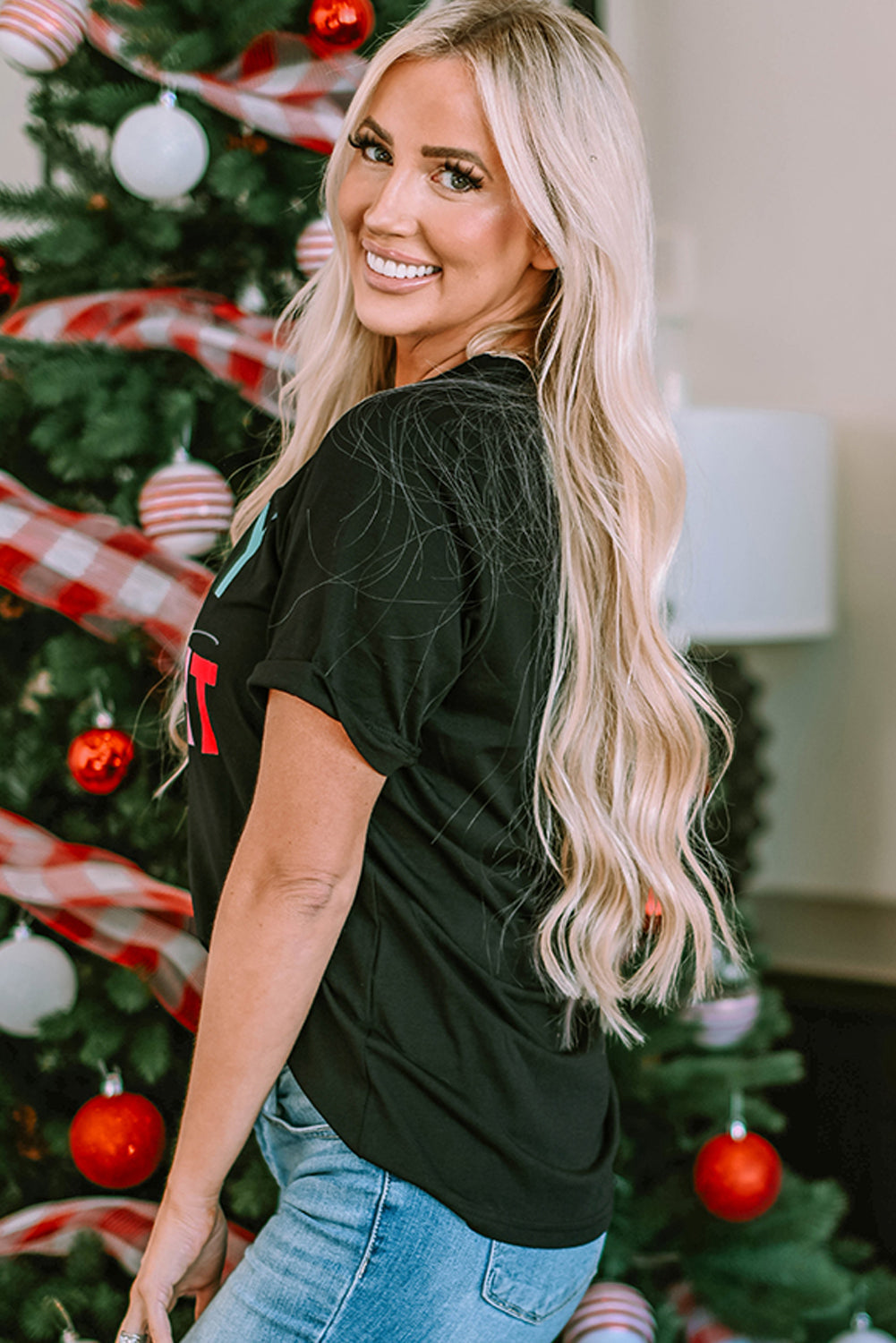 Women's MERRY and BRIGHT Crew Neck Graphic-Print Tee