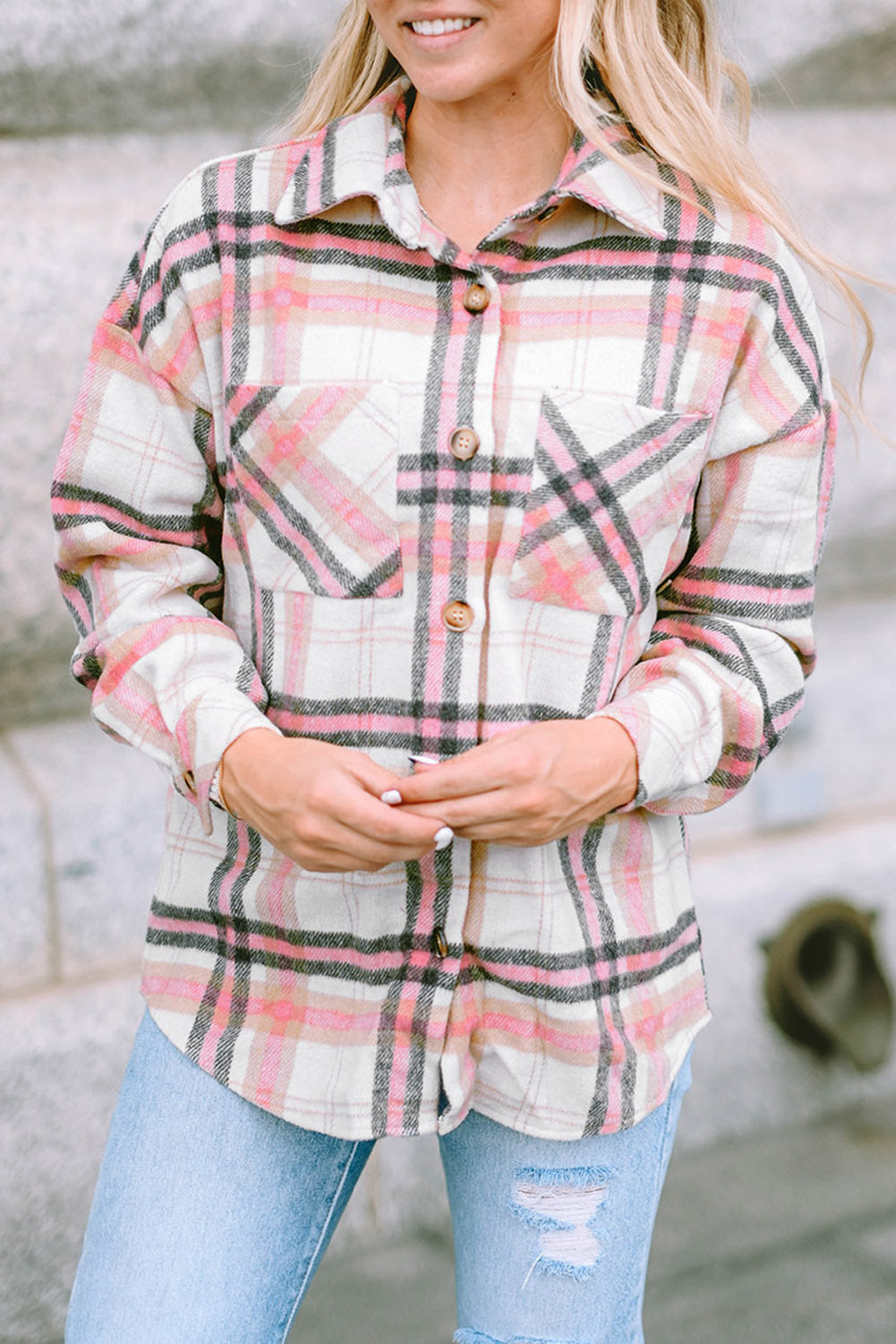 Women's Shacket Featuring Plaid Button Chest Pocket