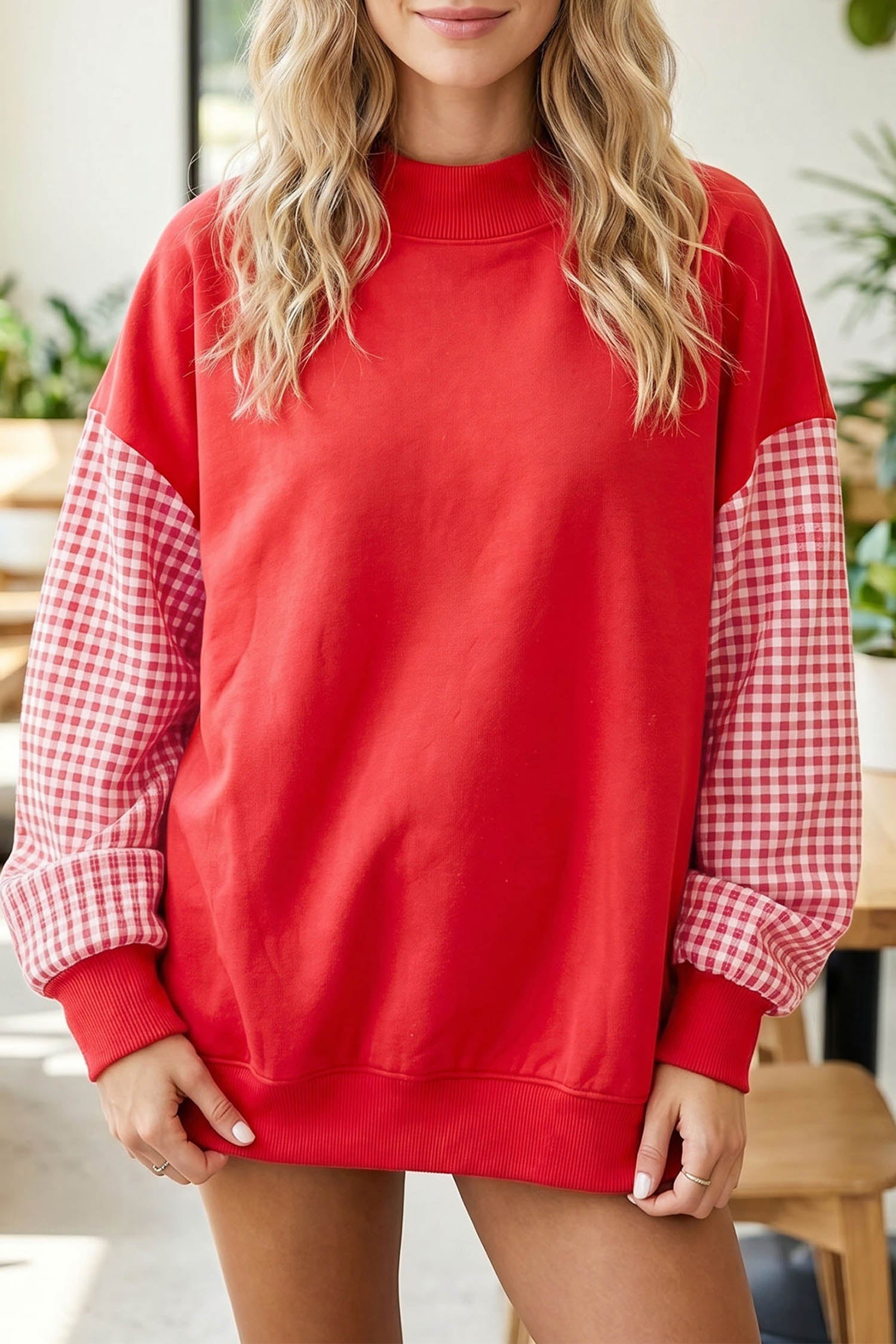 Plaid Loose Sleeve Colorblock Tunic Sweatshirt in Fiery Red