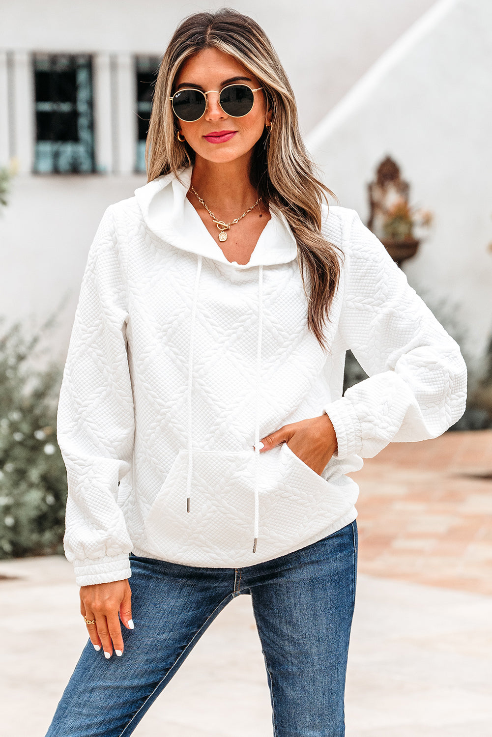 Cable Kangaroo Lattice Texture Pocket Hoodie