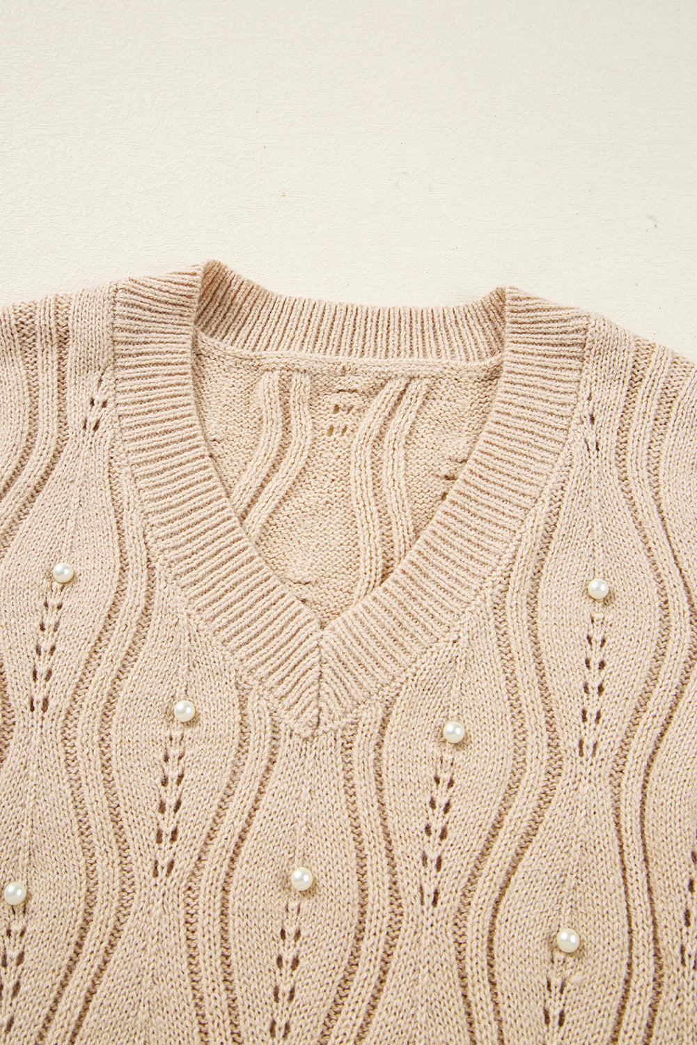 Beaded Pointelle Pearl Pointelle Knit V-Neck Lace Patchwork Sleeve Knit Top