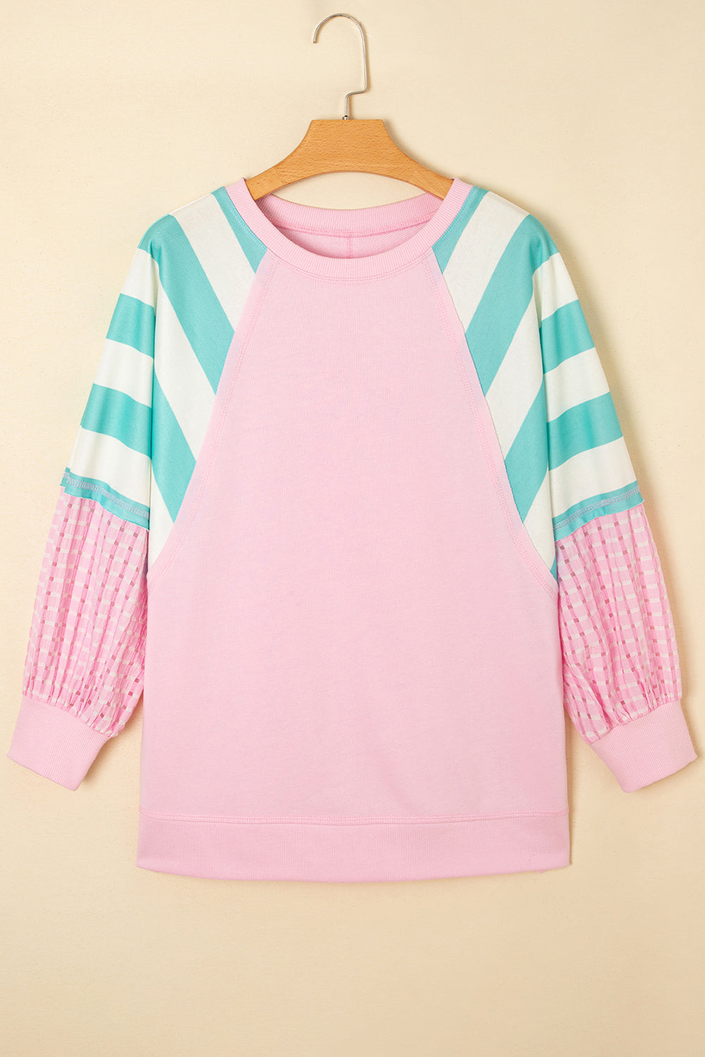 Striped Cute Pink Patchwork Raglan Pullover Top with Slits