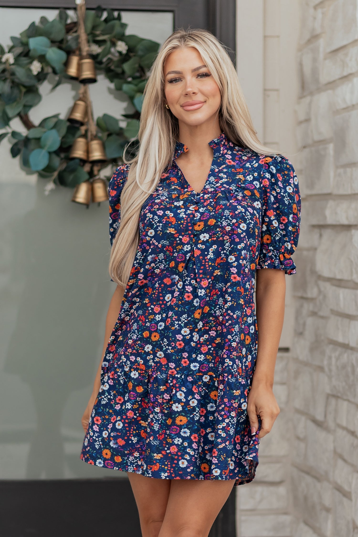 Floral Wild Daisy Split Neck Short Puff Sleeve Mini Dress in Blue