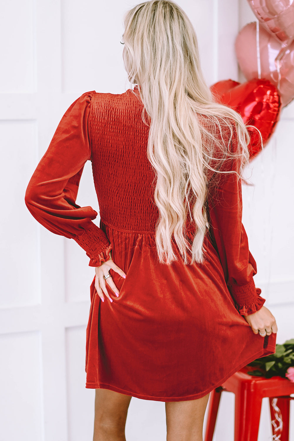 Women's Bodice Velvet Frill-Trimmed Neck Dress